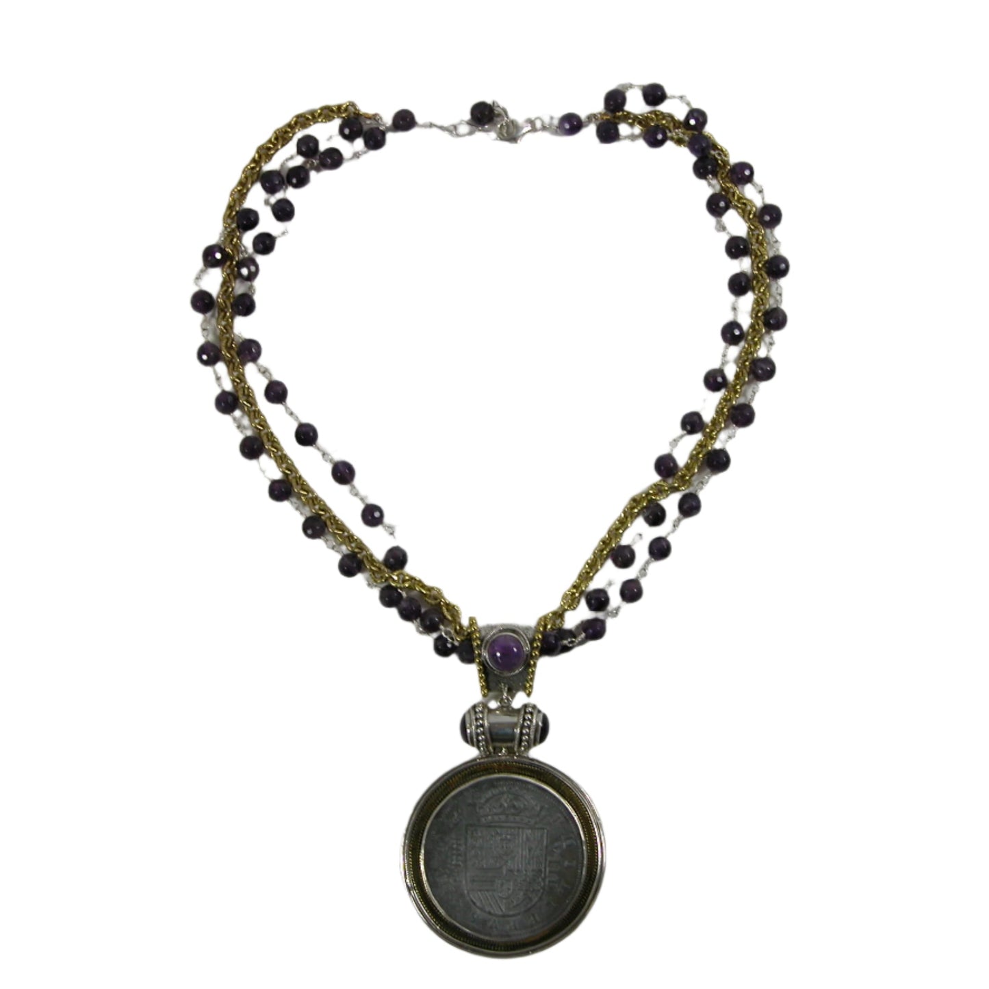 33497A Amethyst Beaded Coin Pendant Necklace