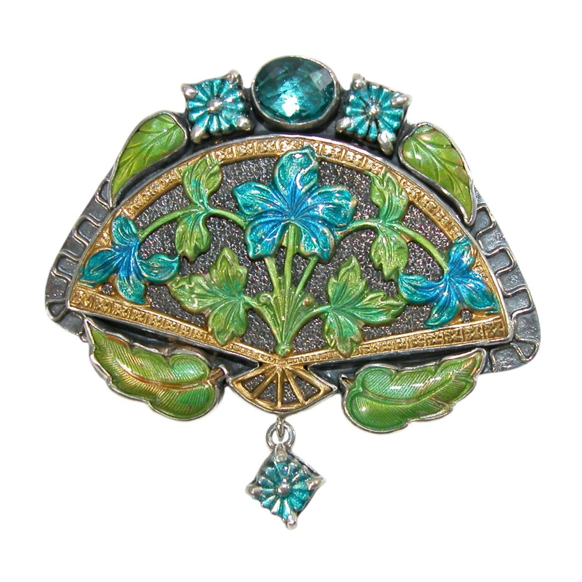 33058 Hand Enamel Blue Quartz Sterling Silver Pin and Pendant