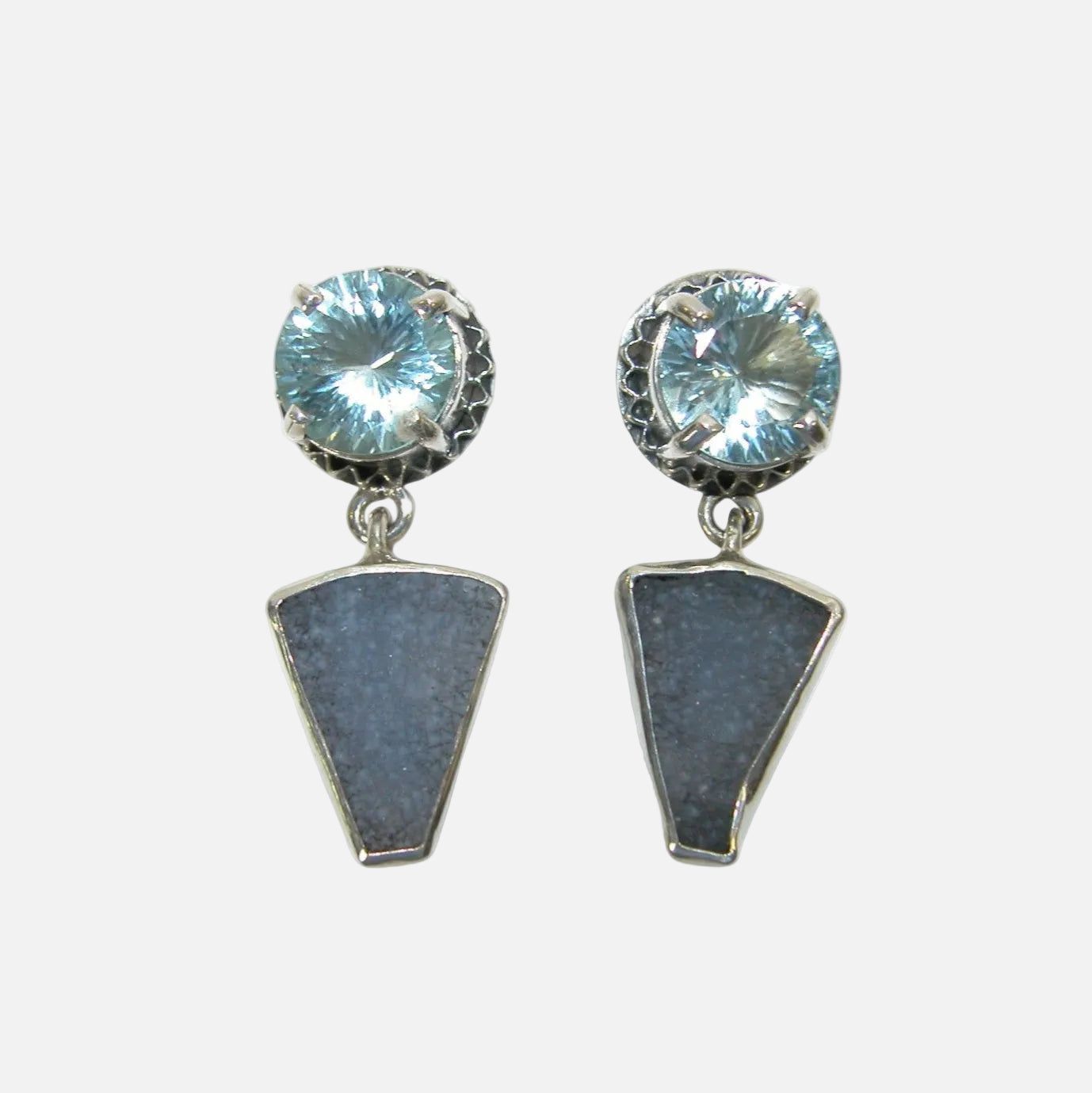 34153A Blue Topaz Sterling Silver Earrings with Chalcedony Druzy