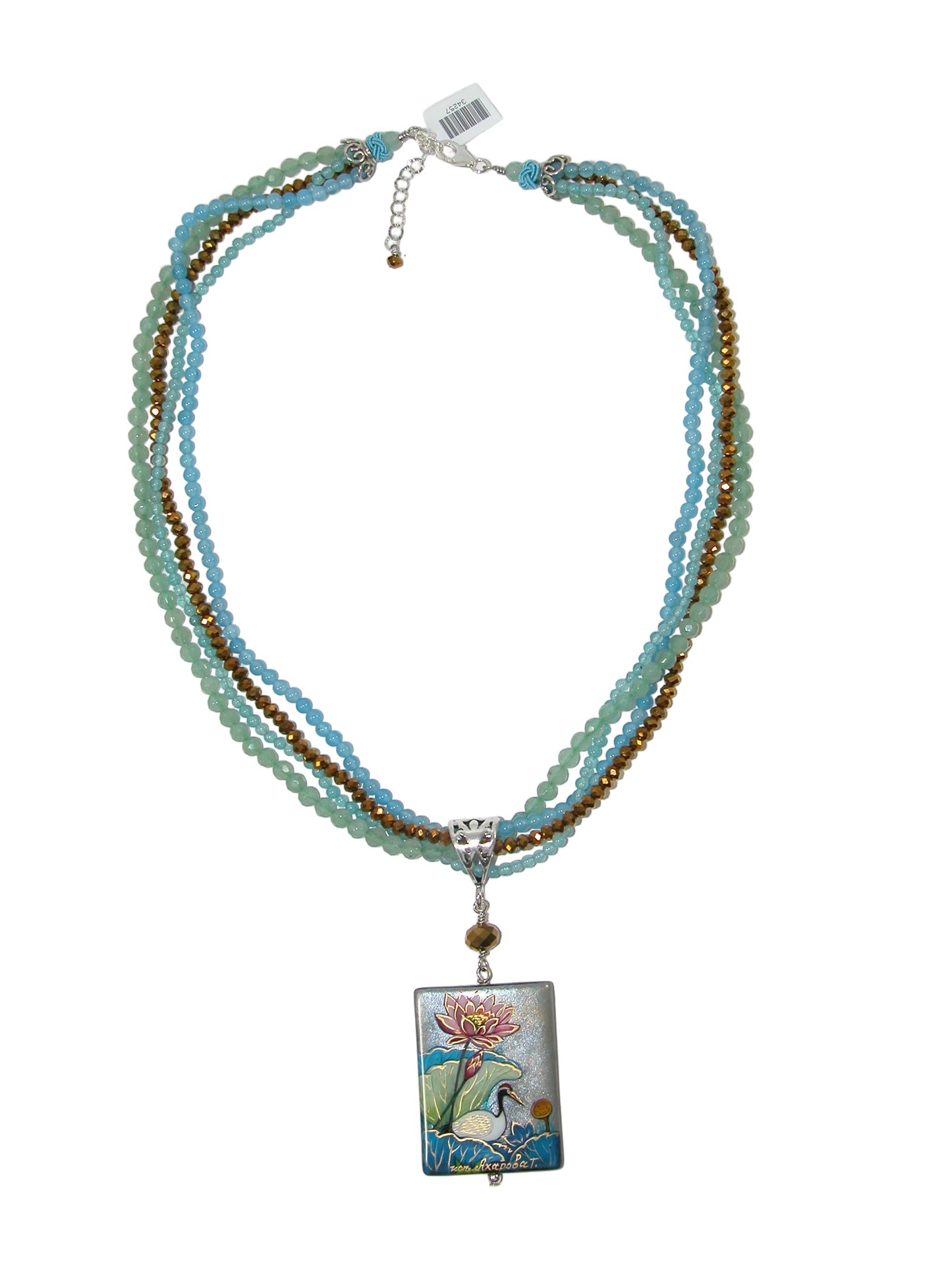 34257 Amazonite, Hematite, Hand Painted Flower Sterling Silver Necklace