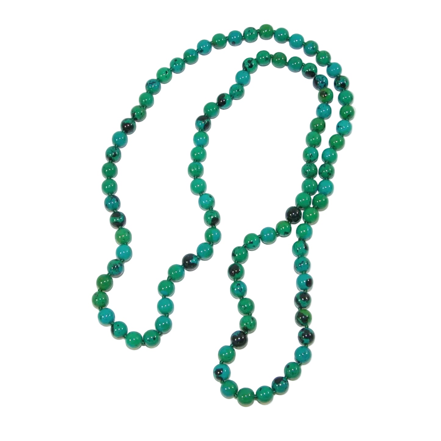 Green beaded necklace on a white background