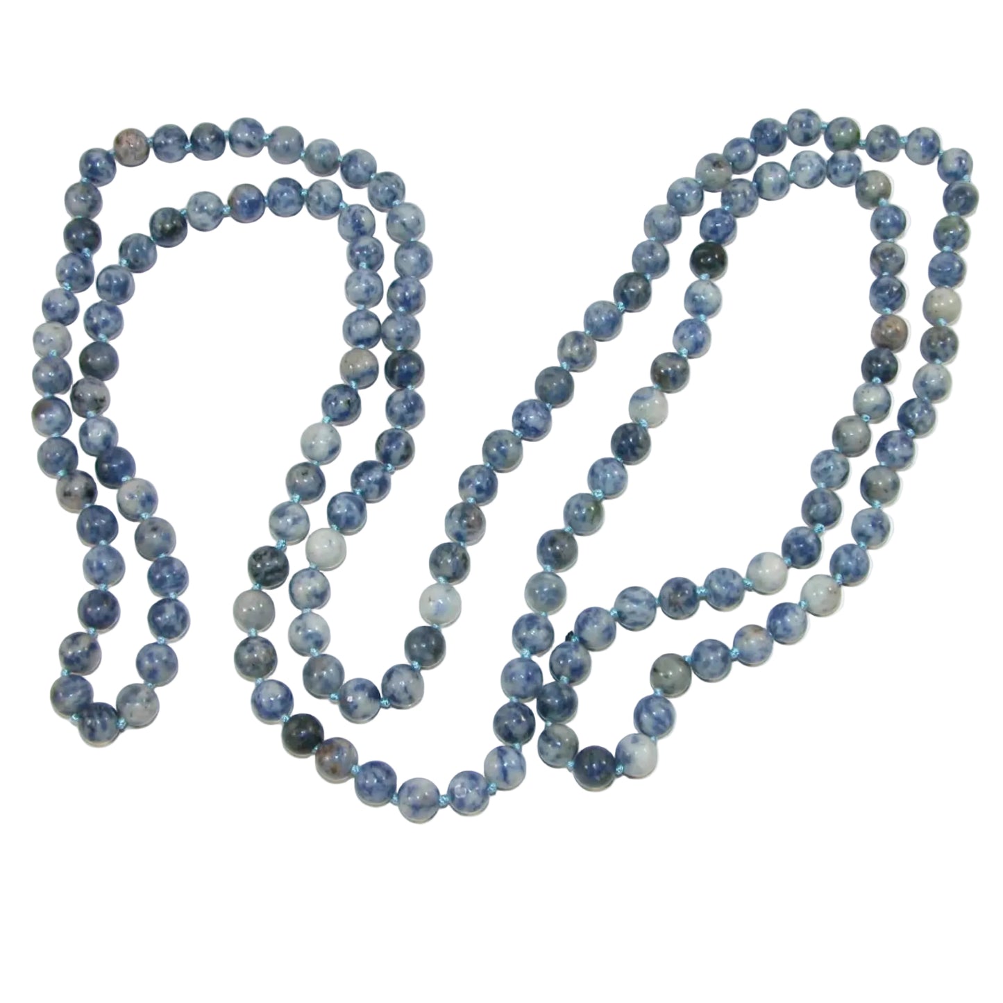 Blue beaded necklace on a white background