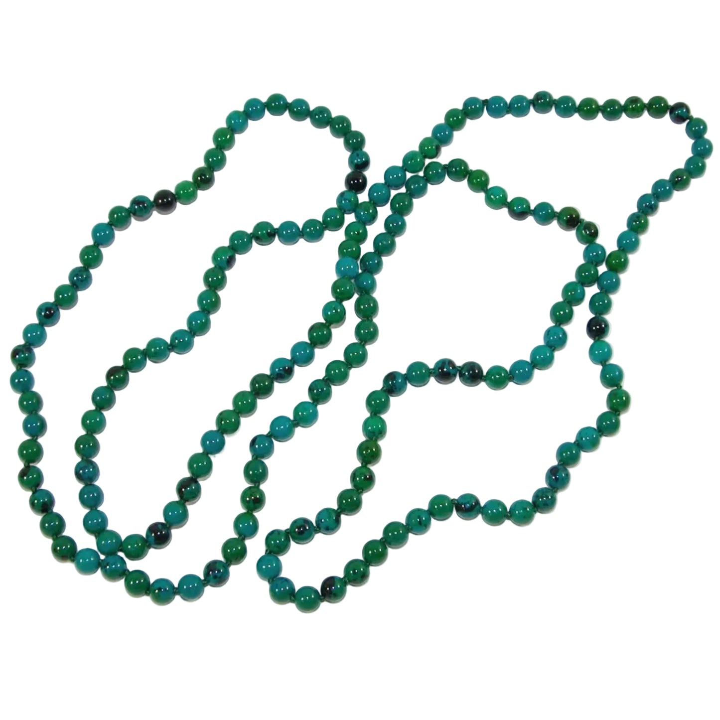 Green beaded necklace on a white background