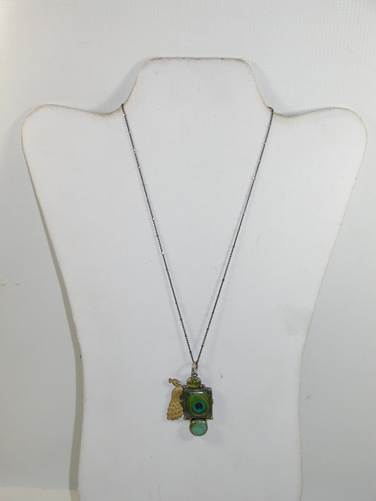 30049 Green Peacock Feather Tile Vesuvianite Sterling Silver Pendant Necklace