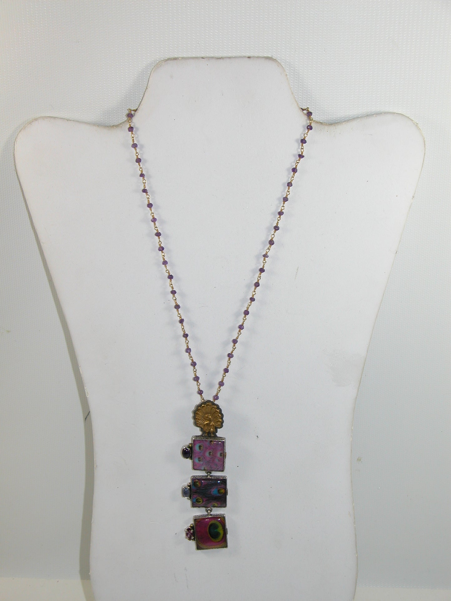 30052 Hand Made Peacock Feather Tile Amethyst Iolite Sterling Silver Pendant Necklace