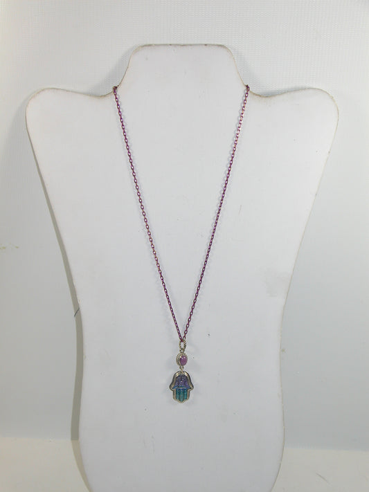 32982 Hand Enameling Hamsa, Phosphosiderite Sterling Silver Necklace