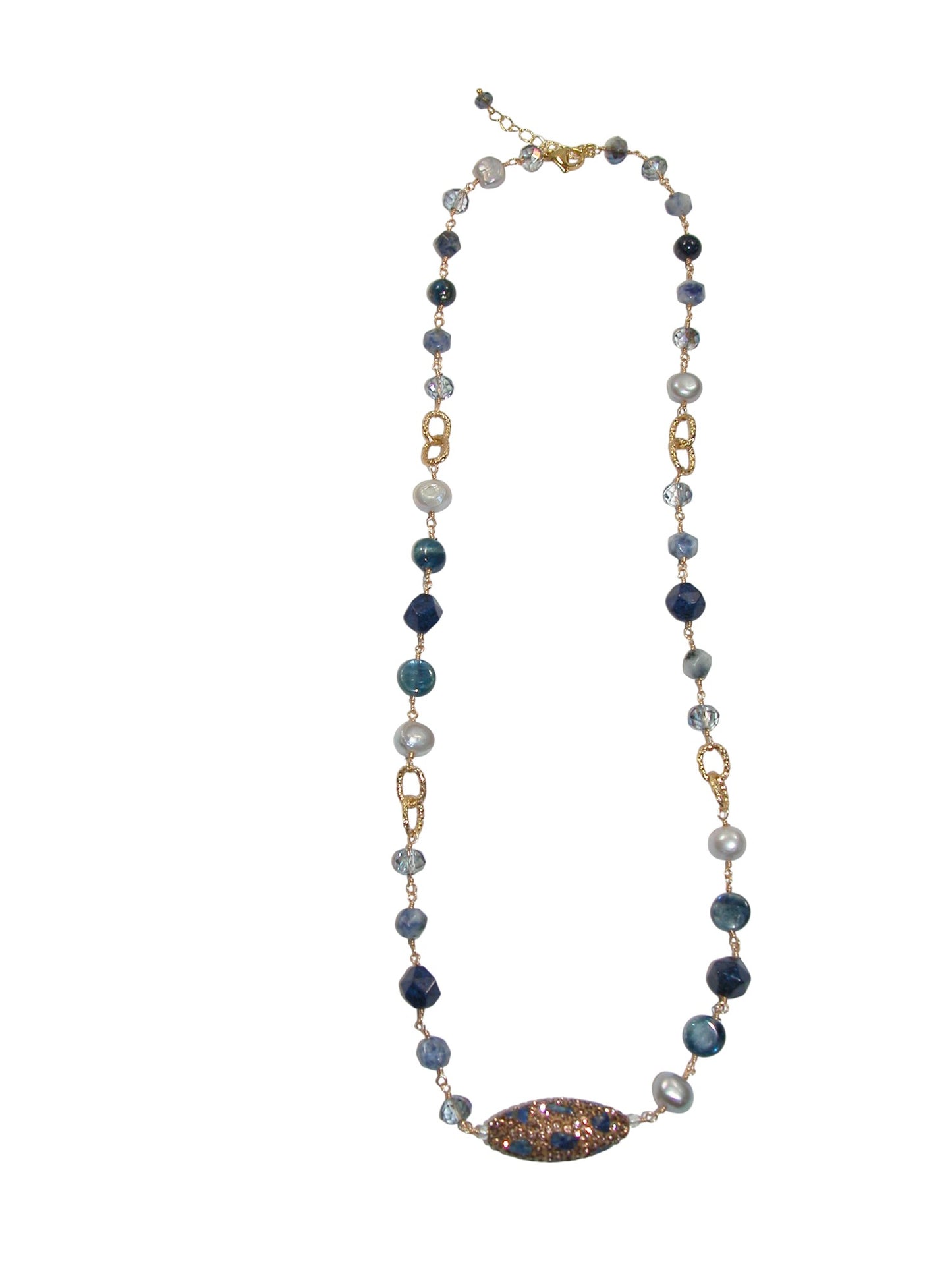 N5477 Lapis Glitter Bead Pearl Jointed Necklace