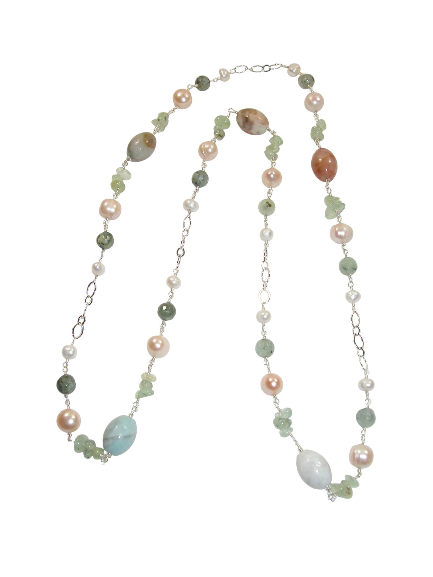 N5486 Aquamarine Prehnite Long Necklace