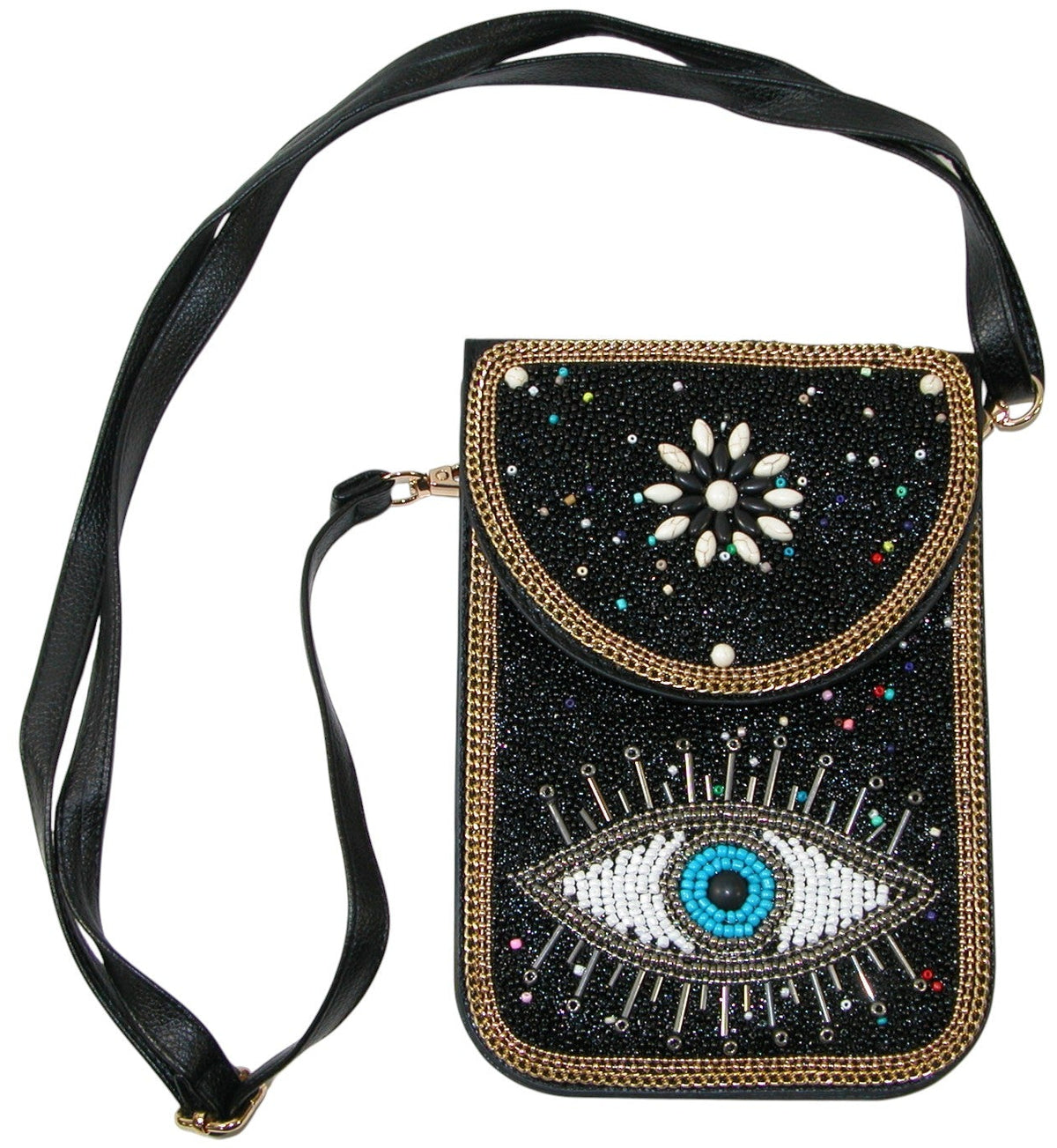 Beaded Crossbody Evil Eye Woven Straw Black GF4263