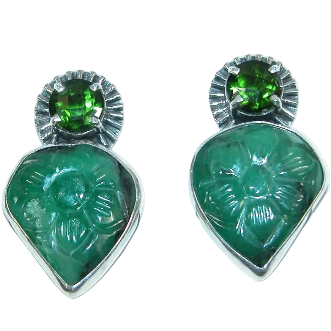 39583A Hand-Carved Emerald, Chrome Diopside Earrings