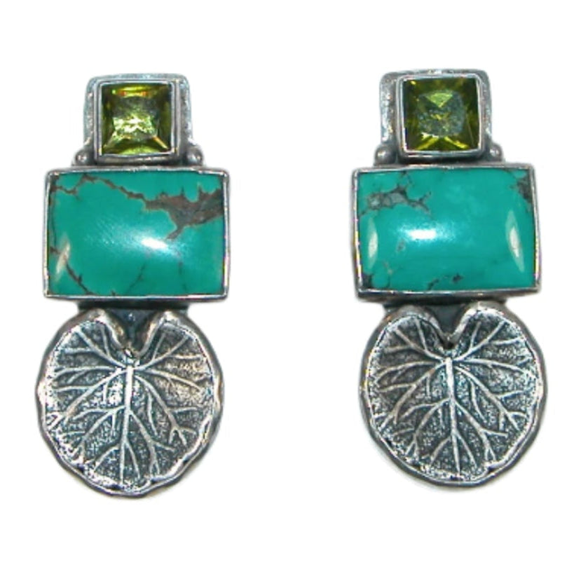 30029 Turquoise Peridot Lily Pad Patina Sterling Silver Earrings