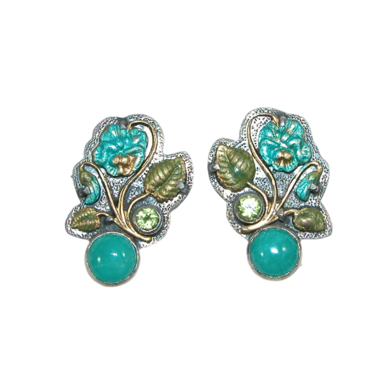 31025 Amazonite, Peridot, Hand Painted Enamel Floral Sterling Silver Earrings
