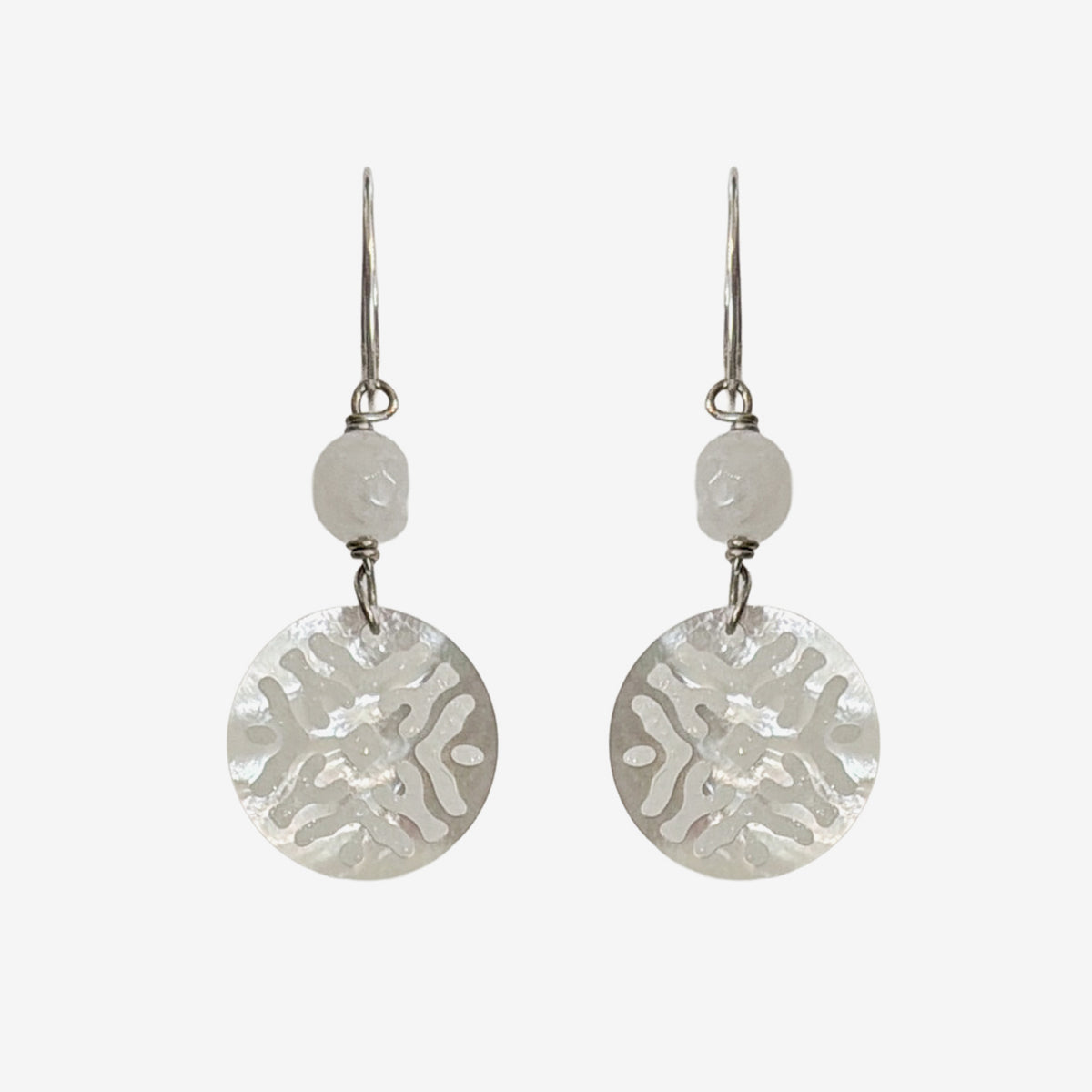 E3171 Carved Mother of Pearl, White Quartz Earrings