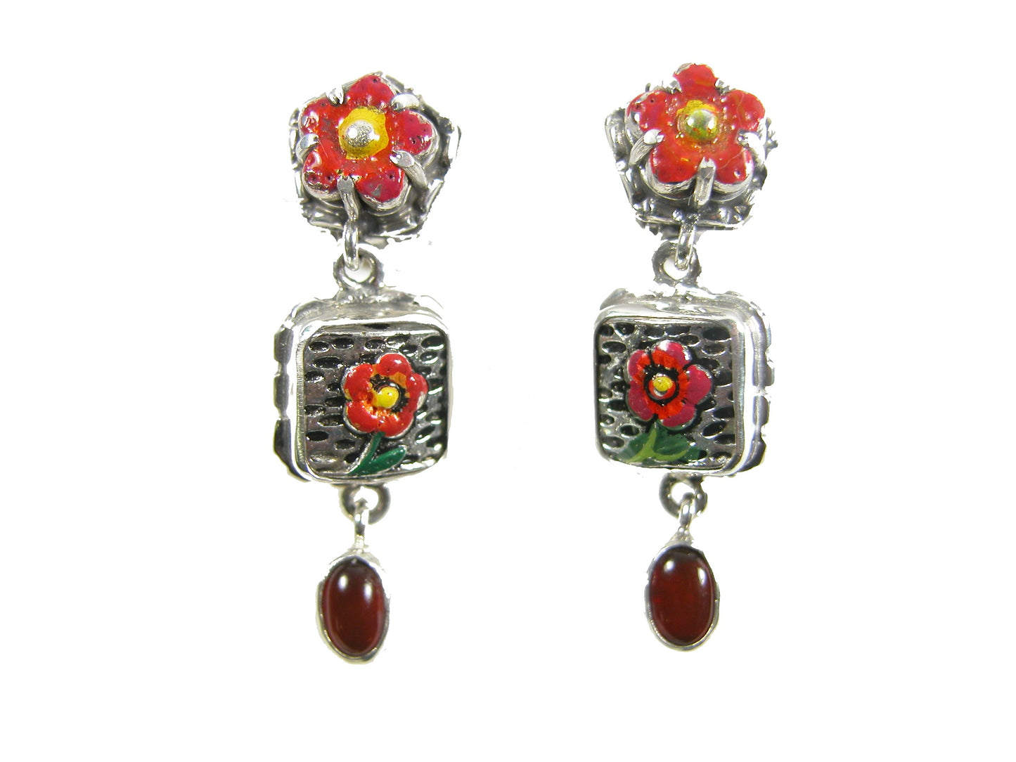 31114 Carnelian, Hand Painted Enamel, Sterling Silver Earrings