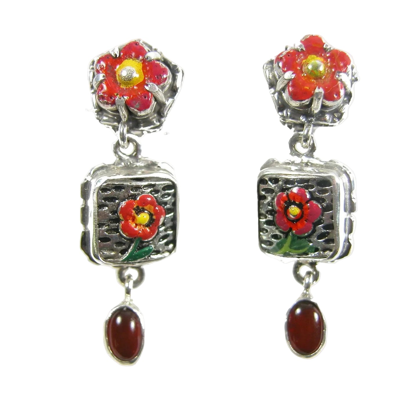 31114 Carnelian, Hand Painted Enamel, Sterling Silver Earrings