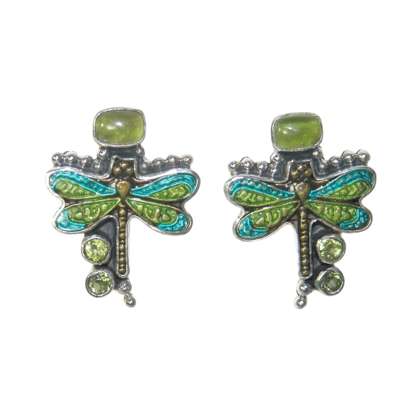 Hand Enamel Dragonfly Peridot Sterling Silver Earrings