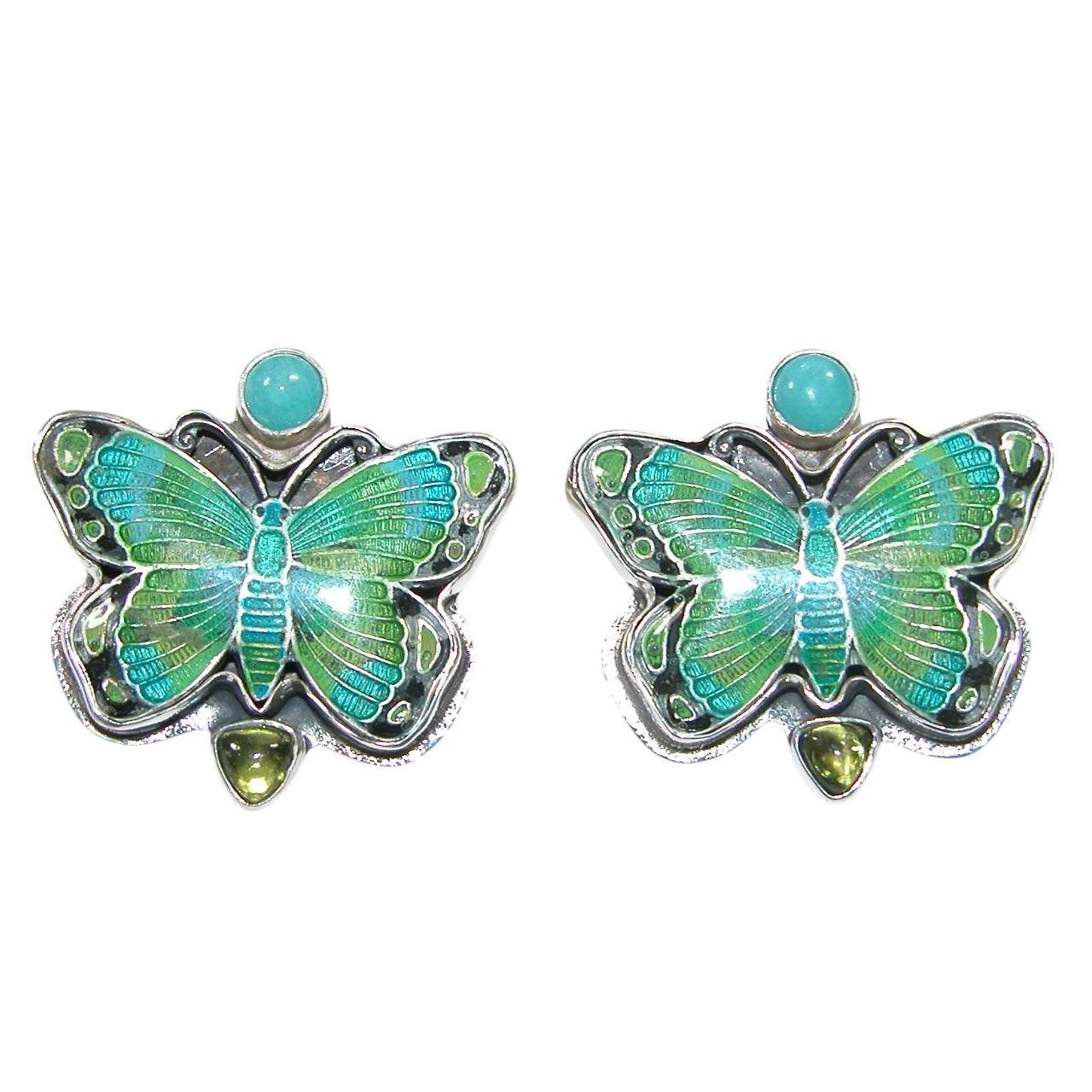 Hand Enamel Green Butterfly Sterling Silver Earrings