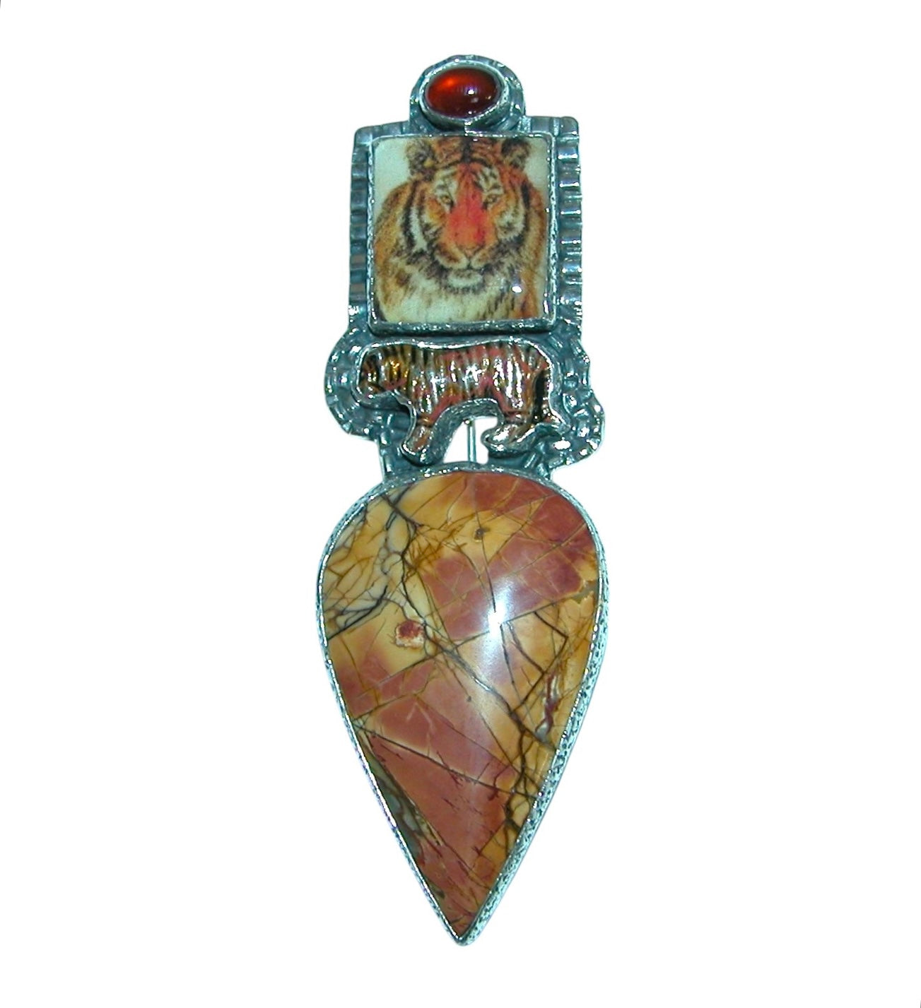 31649 Tiger Hand Enameled Tile, Hessonite, Cherry Creek Jasper, Sterling Silver Pin and Pendant