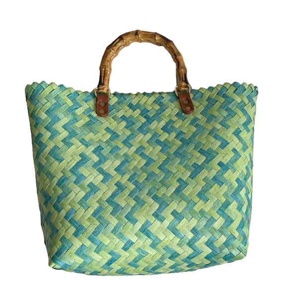 Woven Green Blue Bamboo Handbag Double Handle GF4455