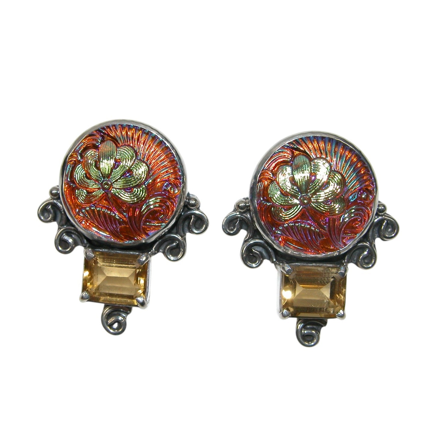 34045 Czech Glass Button, Citrine Sterling Silver Earrings