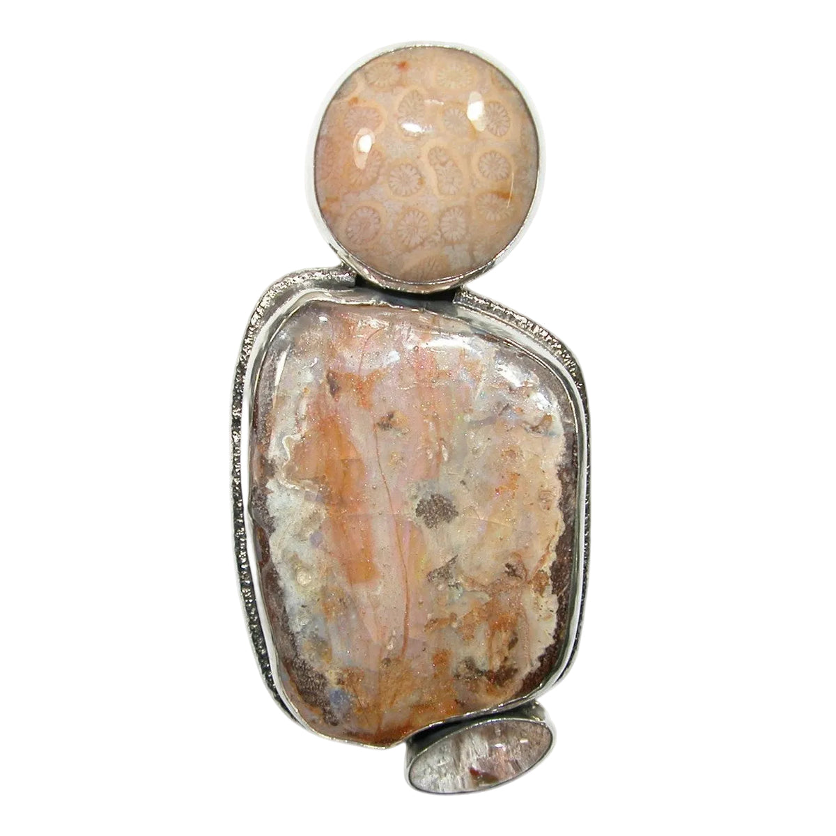 33188 Natural Boulder Opal, Fossil Coral and Quartz Sterling Silver Pin and Pendant