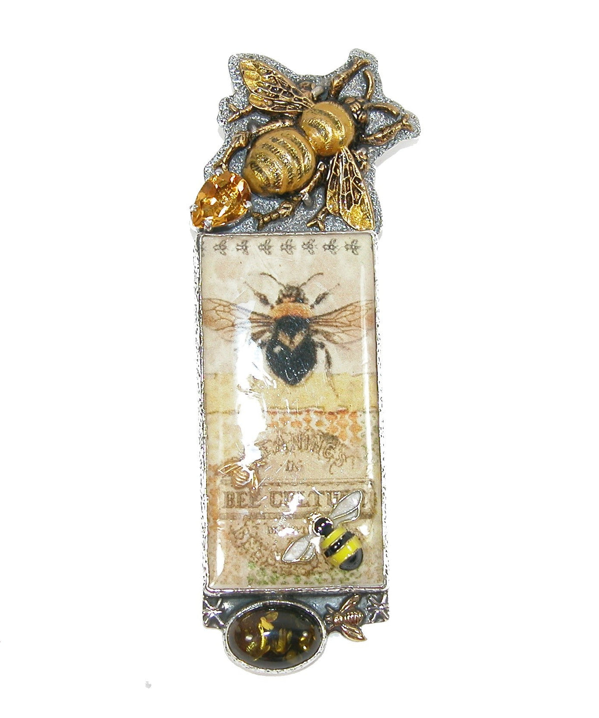 31744 Handmade Bee Tile, Baltic Amber, Faceted Citrine Sterling Silver Pin and Pendant