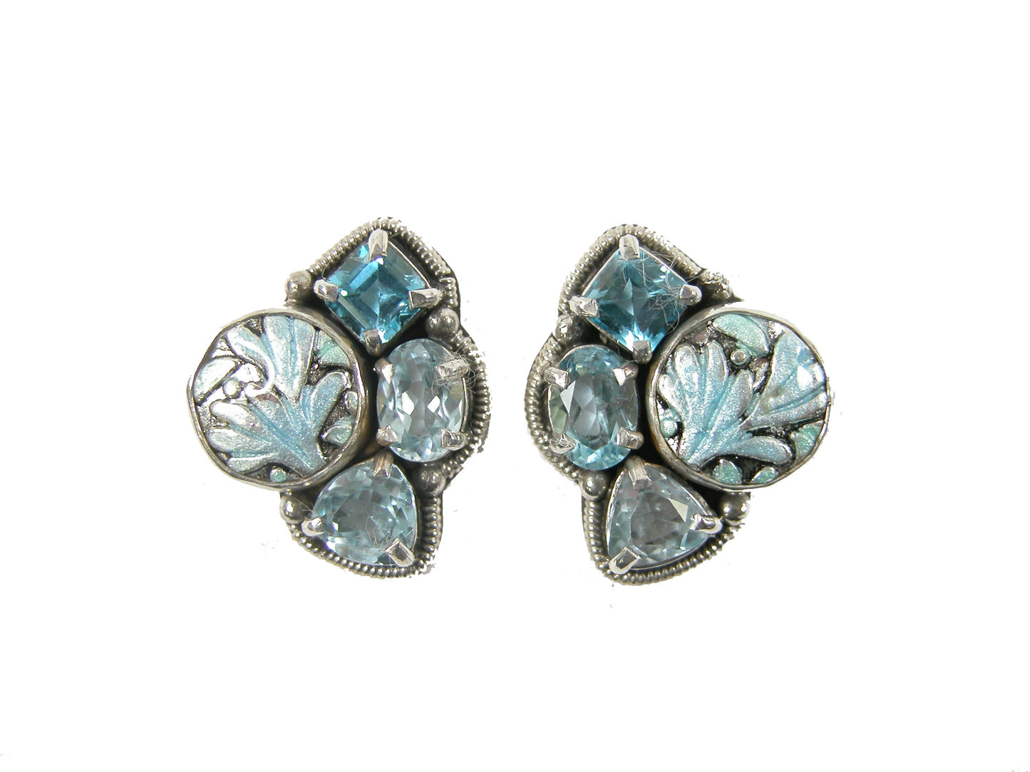 31914 Hand Enameled, Blue topaz, Sterling Silver Earrings
