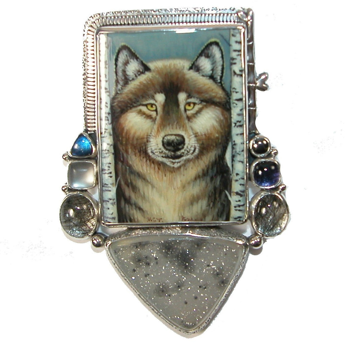 29314 Hand Painted Wolf on Onyx, Tourmalated Quartz, Iolite, Drusy Sterling Silver Pin and Pendant