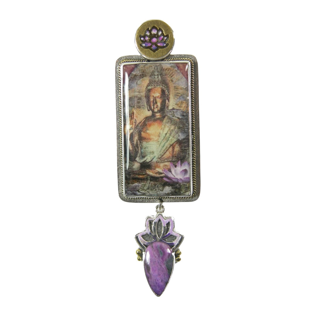 30356 Hand Made Tile, Buddha Purple Turquoise Sterling Silver Pin and Pendant