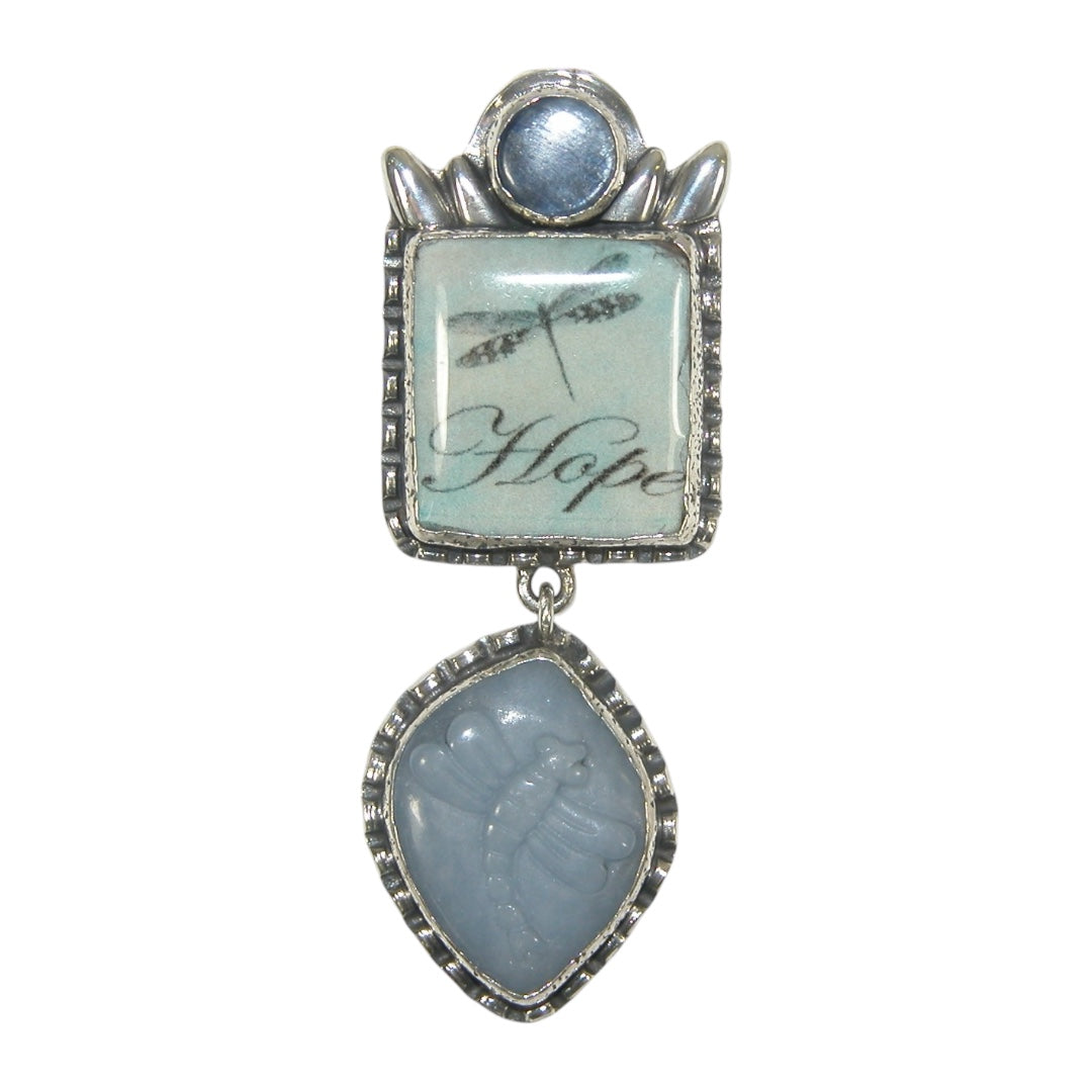 33089 Hand Made Dragonfly Tile Sterling Silver Pin Pendant
