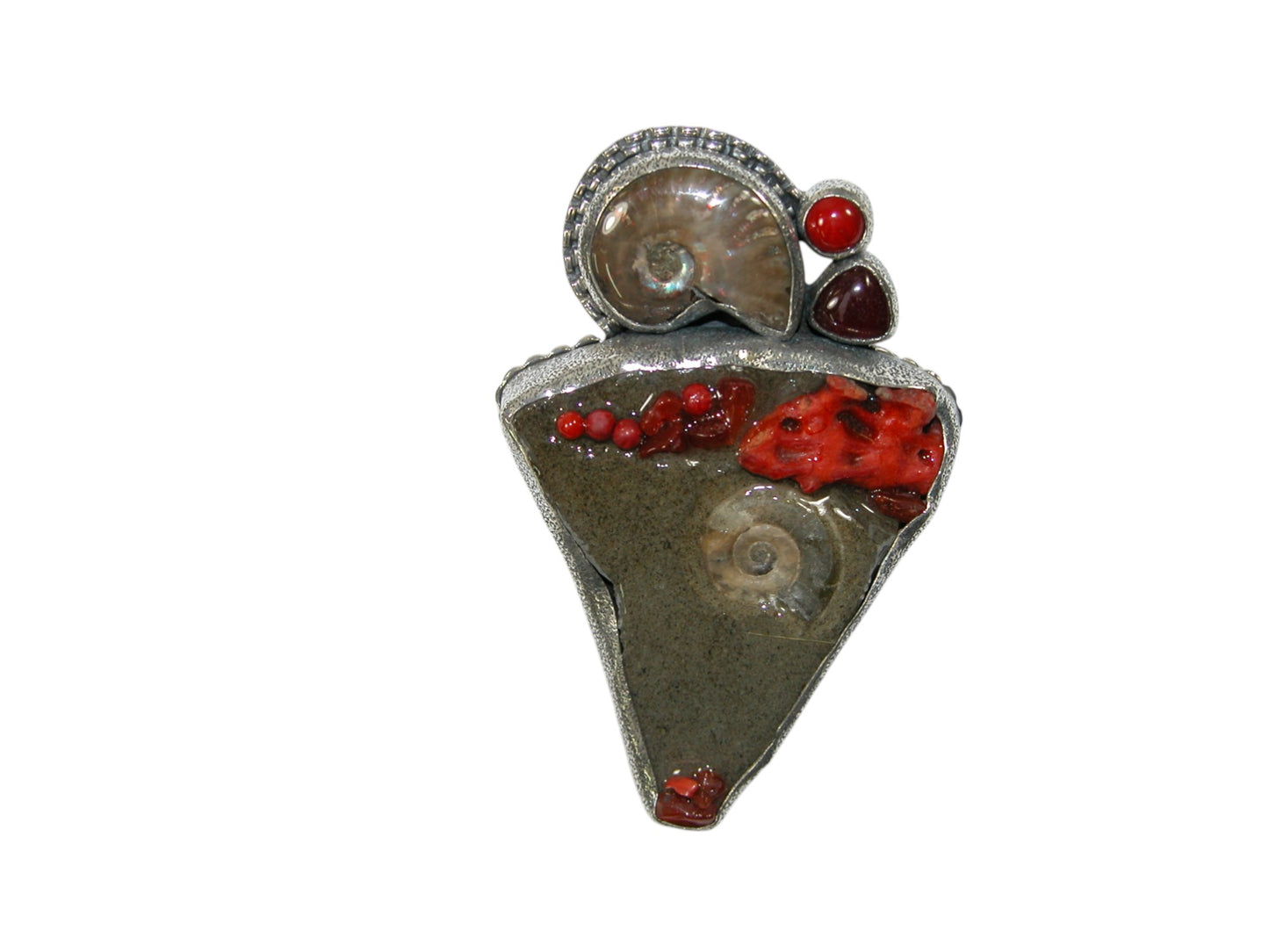 34182 Fossilized Ammonite, Spiny Oyster, Coral, Pin & Pendant