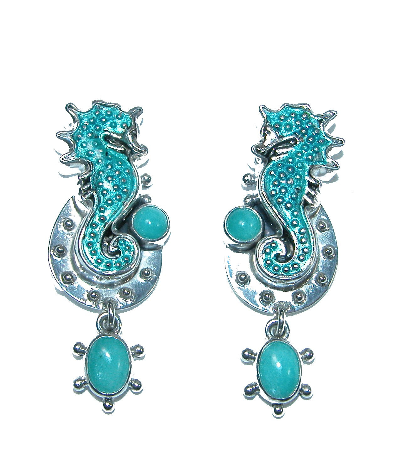 32141 Hand Enameled Seahorse, Turquoise, Sterling Silver Earrings