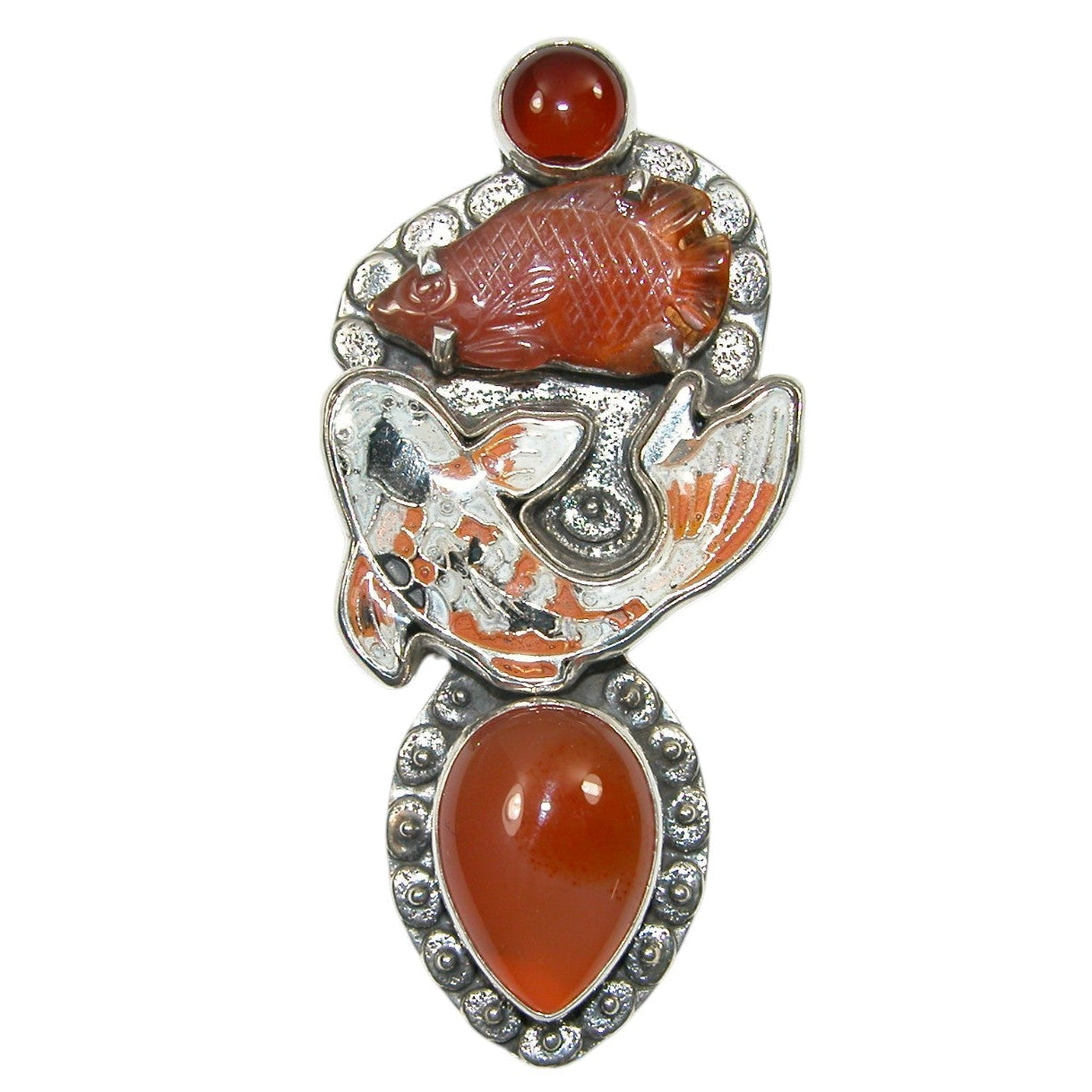 33174 Hand Enameled, Carnelian, Sterling Silver Fish Pin and Pendant