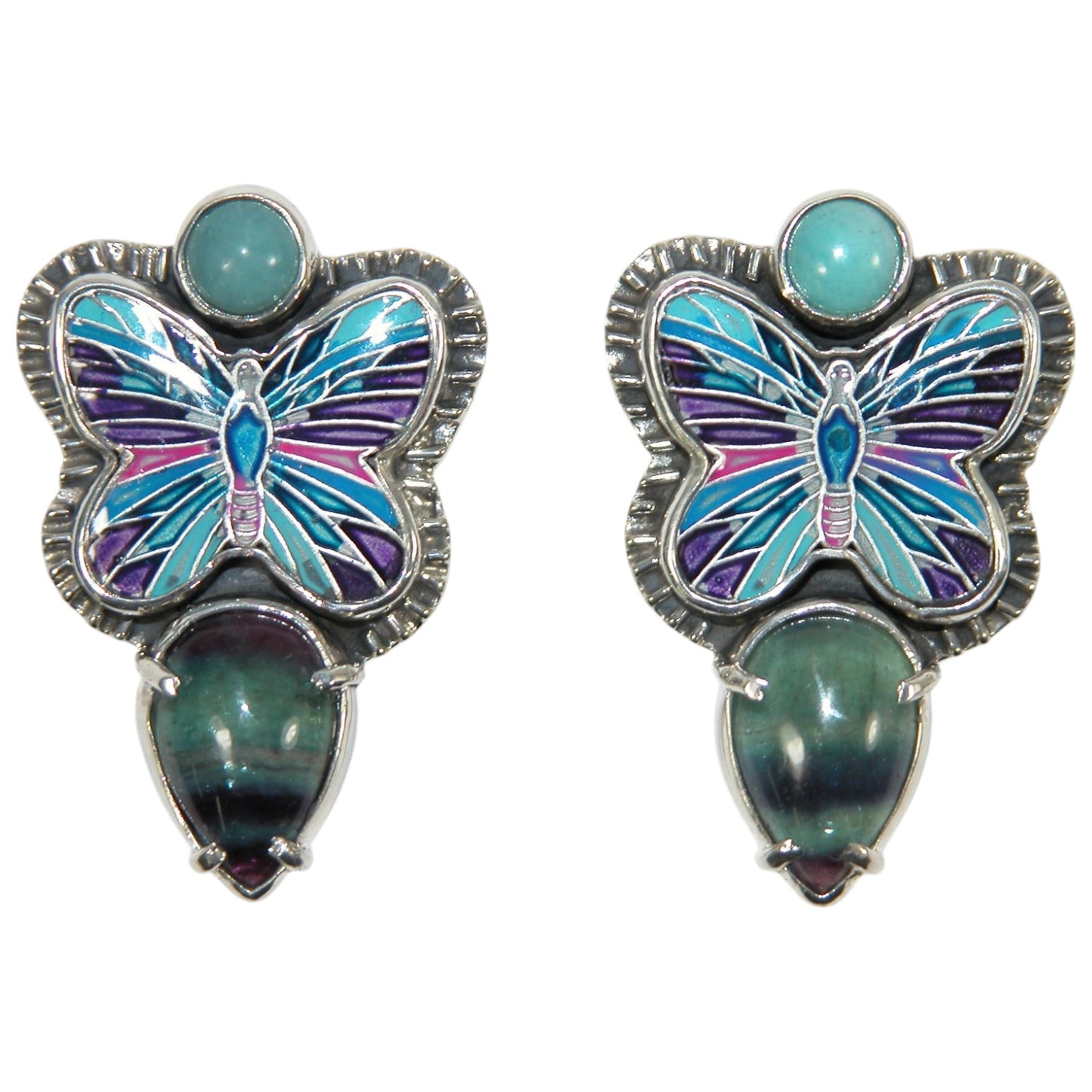 32550 Fluorite, Turquoise, Enameled Butterfly Sterling Silver Earrings