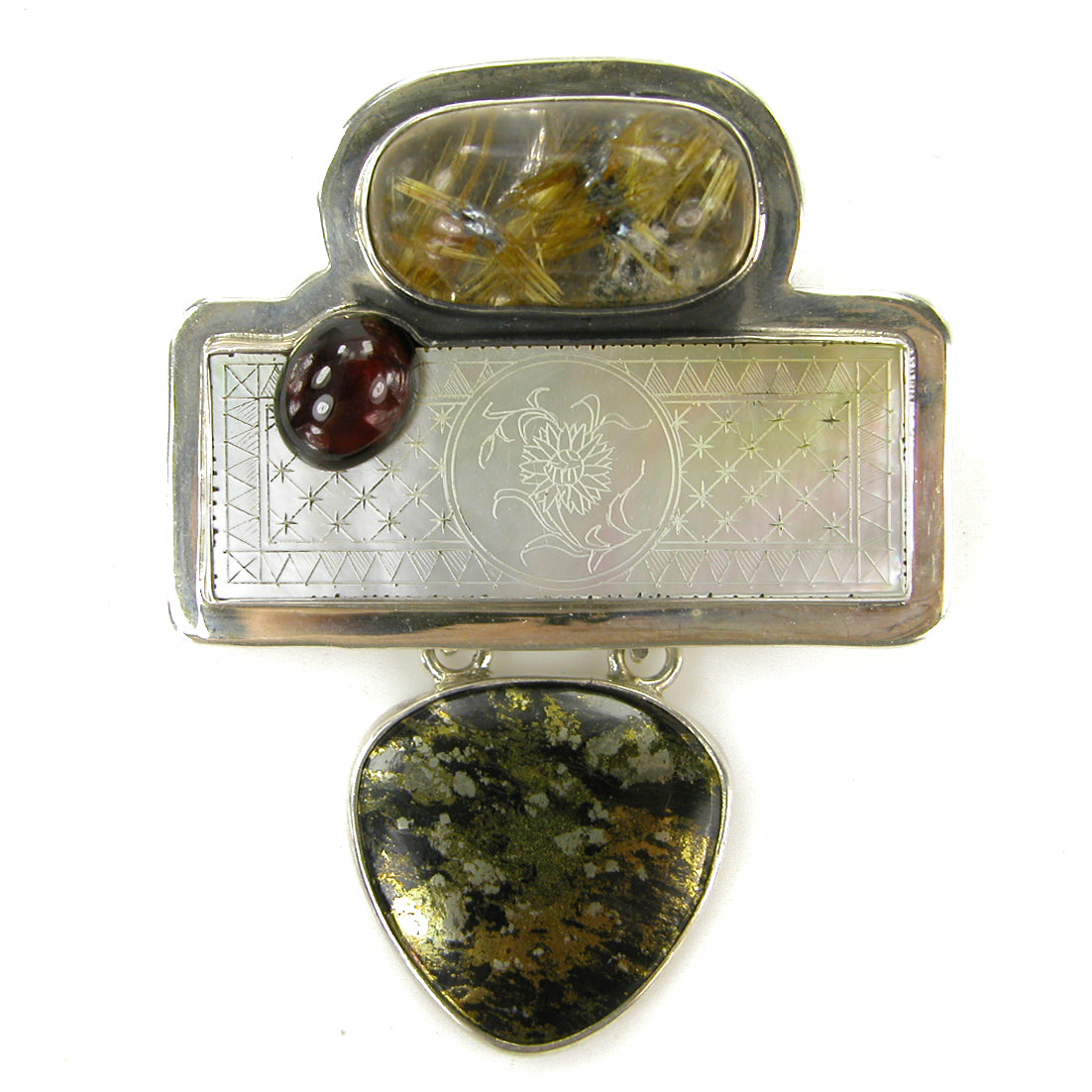 10123 Antique Game Piece Mother of Pearl, Rutilated Quartz, Apache Gold, Garnet, Sterling Silver Pin and Pendant