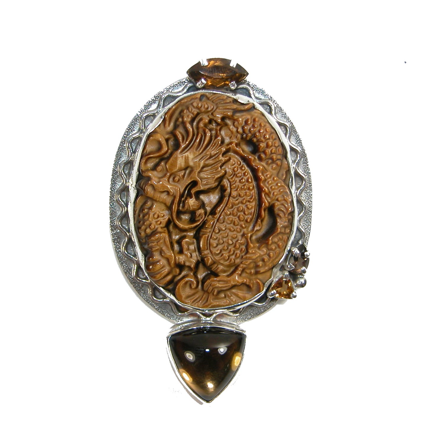 22889 Hand Carved Tigers Eye Dragon, Citrine, Cognac Quartz, Sterling Silver Pin and Pendant