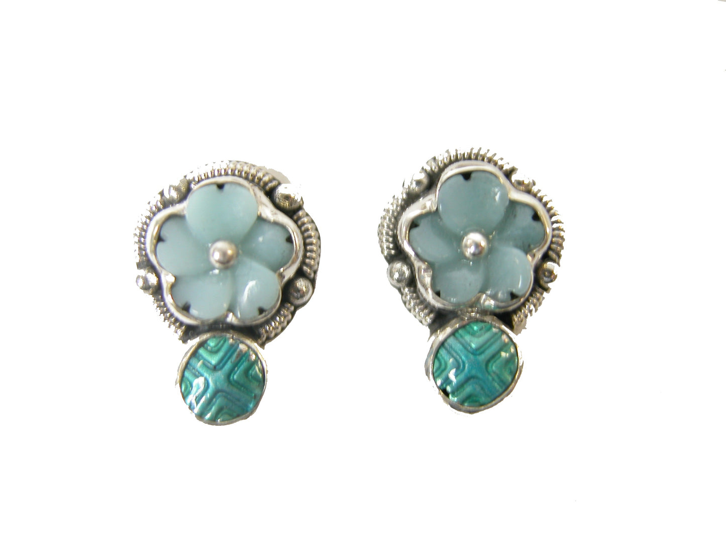 32181 Blue Hand Enamel Flower Sterling Silver Earrings