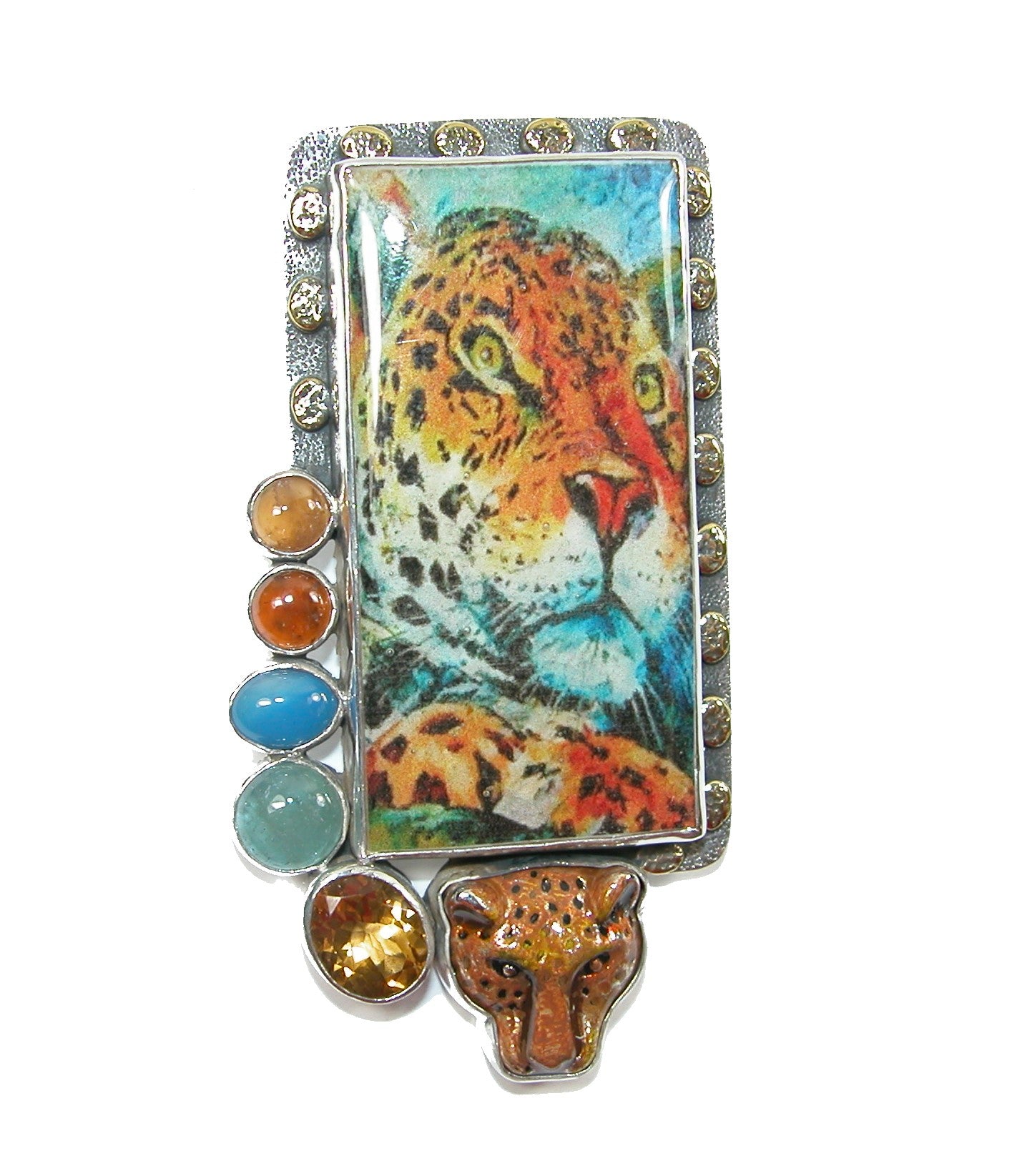 31798 Enameled Cheetah Tile with Gemstones, Sterling Silver Pin and Pendant