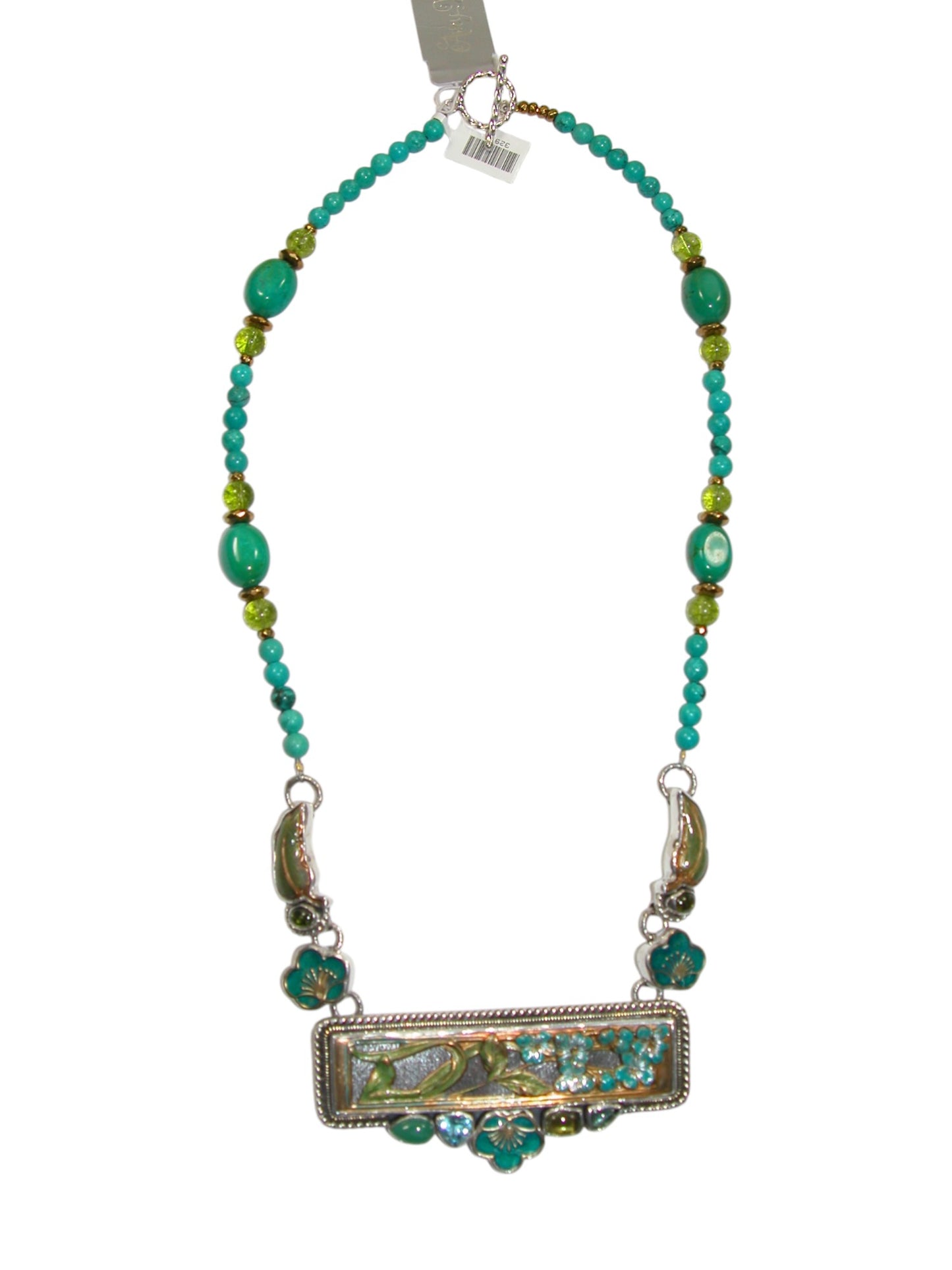 32975 Turquoise Enameled Flower, Sterling Silver Necklace