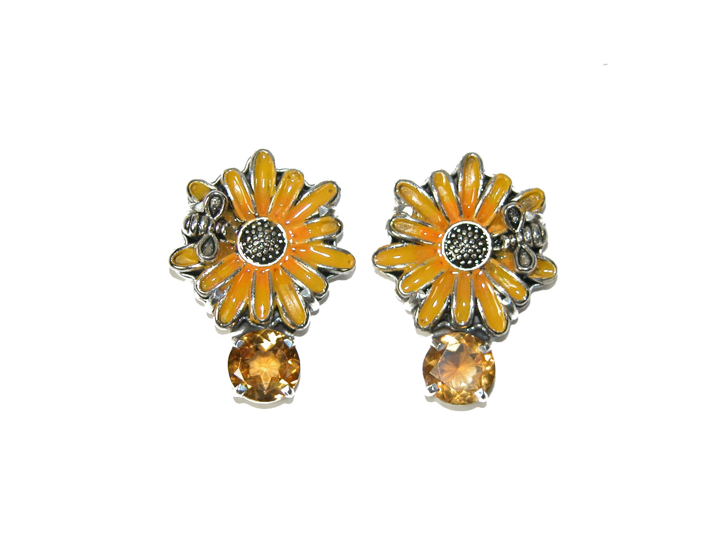 30824E Sunflower Enameled Topaz Sterling Silver Earrings
