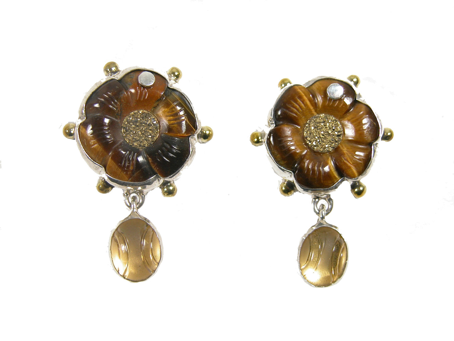31761 Tiger Eye Flower Sterling Silver Earrings