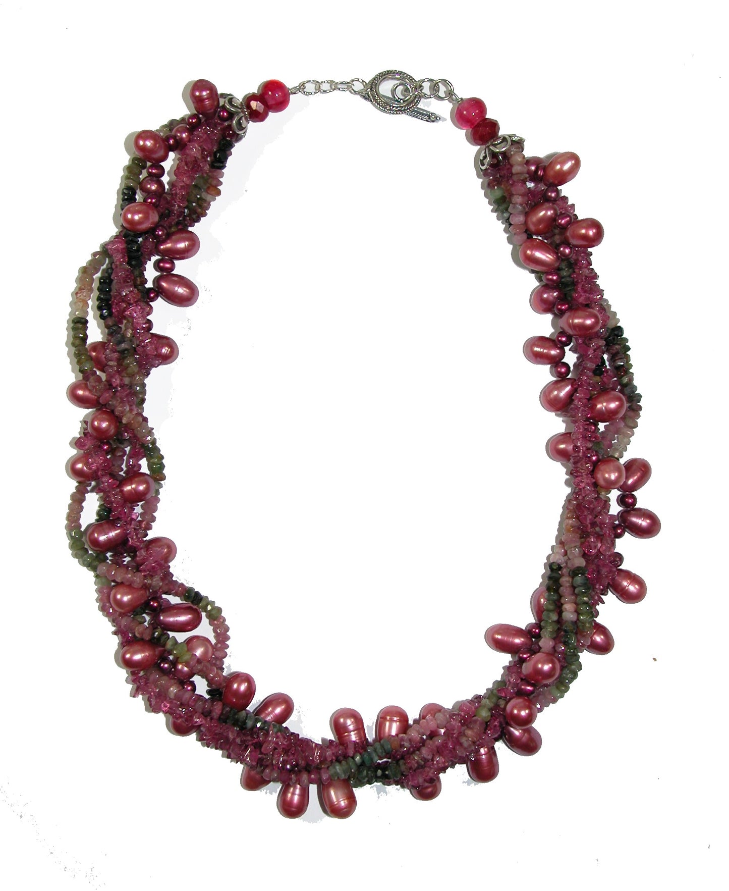 20061 Tourmaline, Freshwater Pearl, Berry Quartz, Sterling Silver Neclace