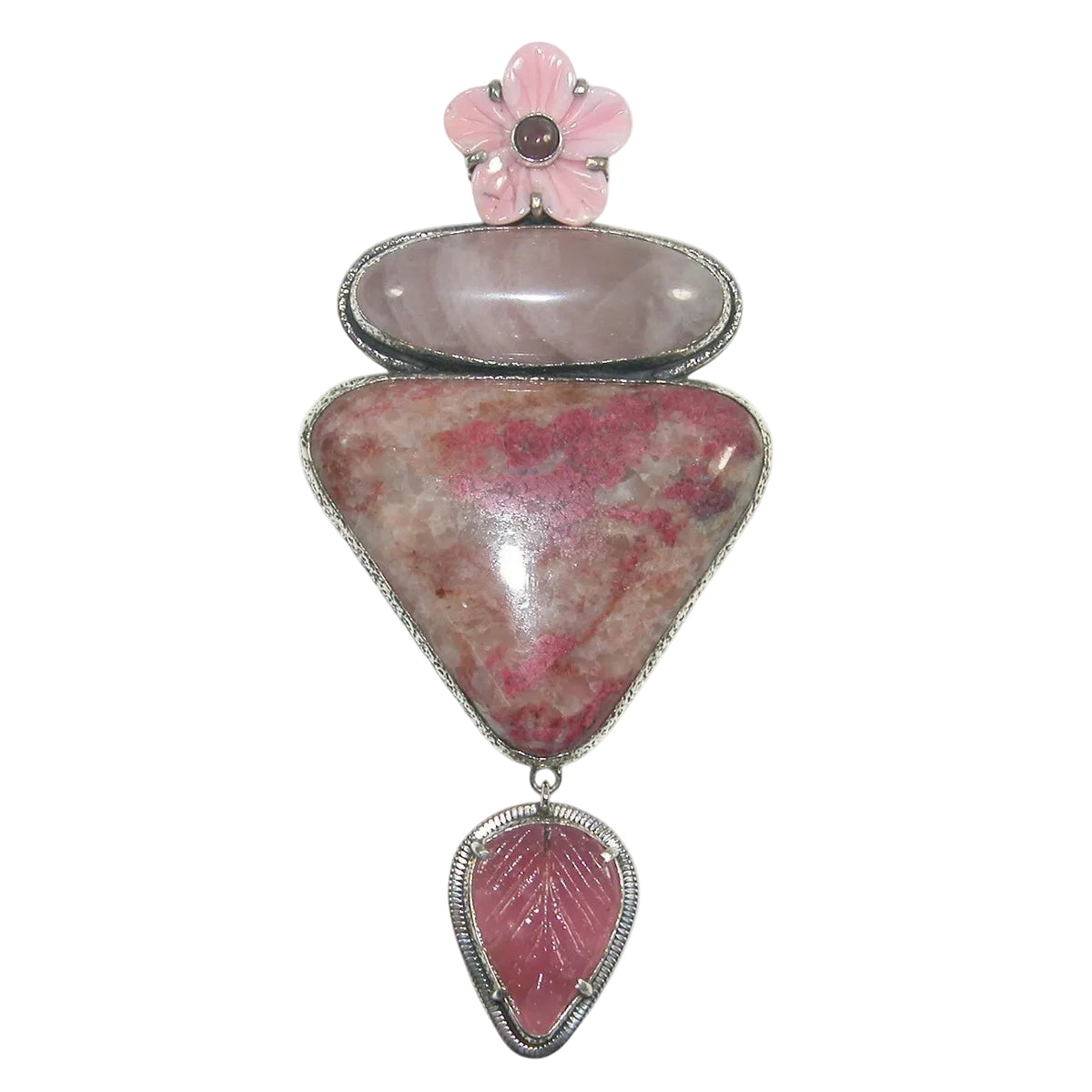 32969 Carved Flower, Pink Tourmaline, Rhodonite, Rose Quartz, Sterling Silver Pin/Pendant