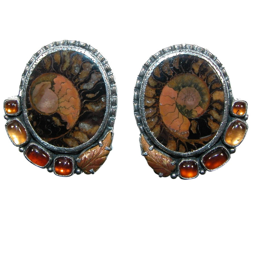 32229 Ammonite Fossil Carnelian Sterling Silver Earrings