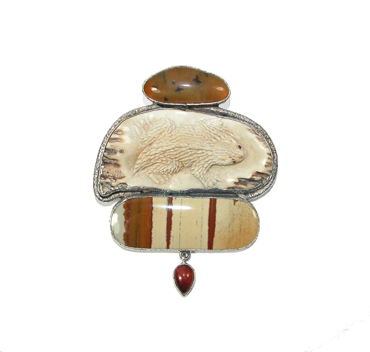 30222 Hand Carved Fossil Ivory, Dendritic Agate, Carnelian, Jasper, Pin and Pendant