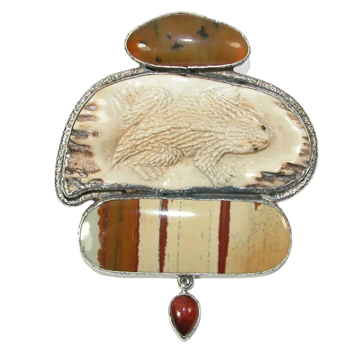30222 Hand Carved Fossil Ivory, Dendritic Agate, Carnelian, Jasper, Pin and Pendant