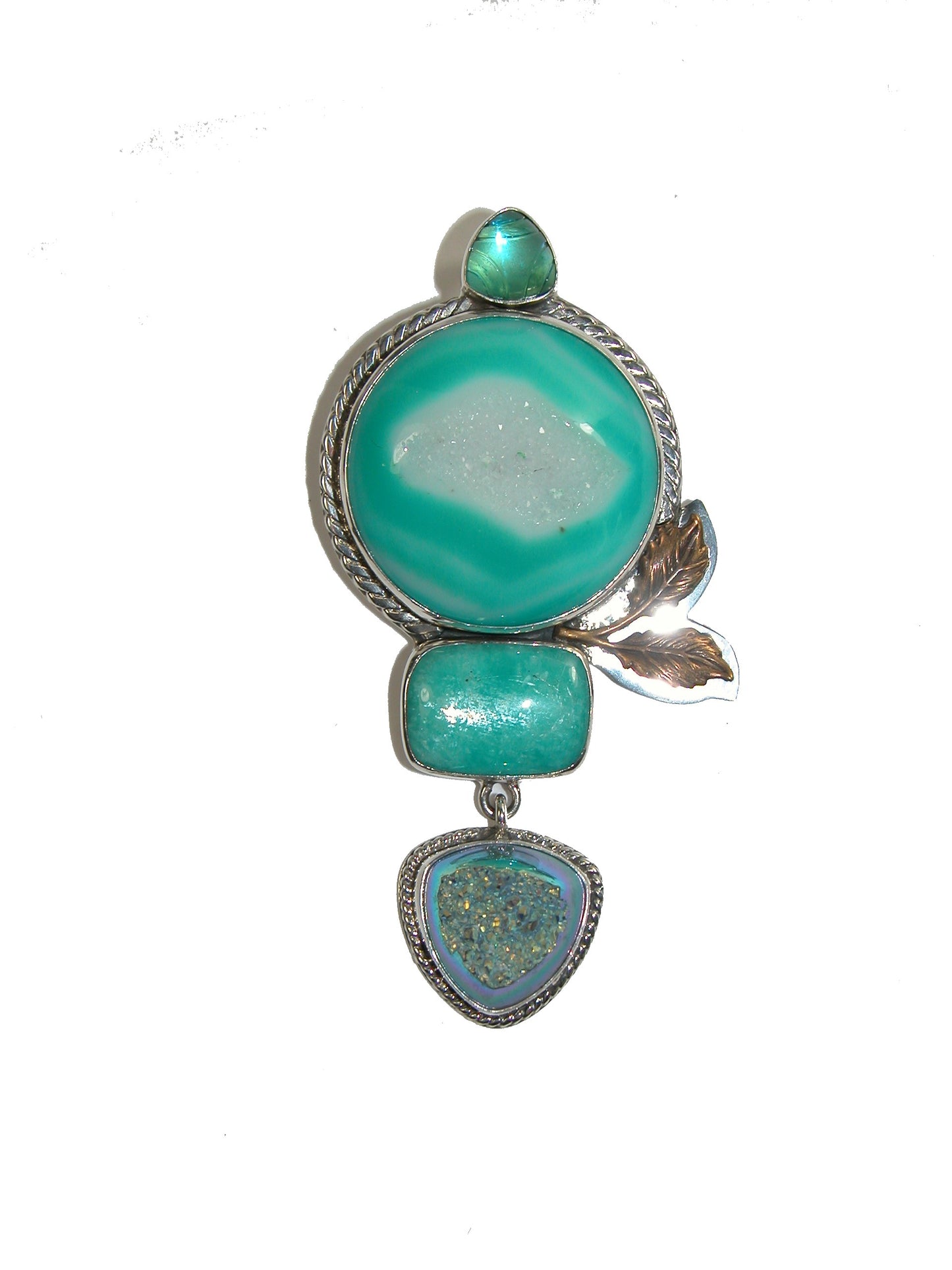 22491 Amazonite,Titanium Clad Druzy Agate, Quartz, Sterling Silver Pin and Pendant
