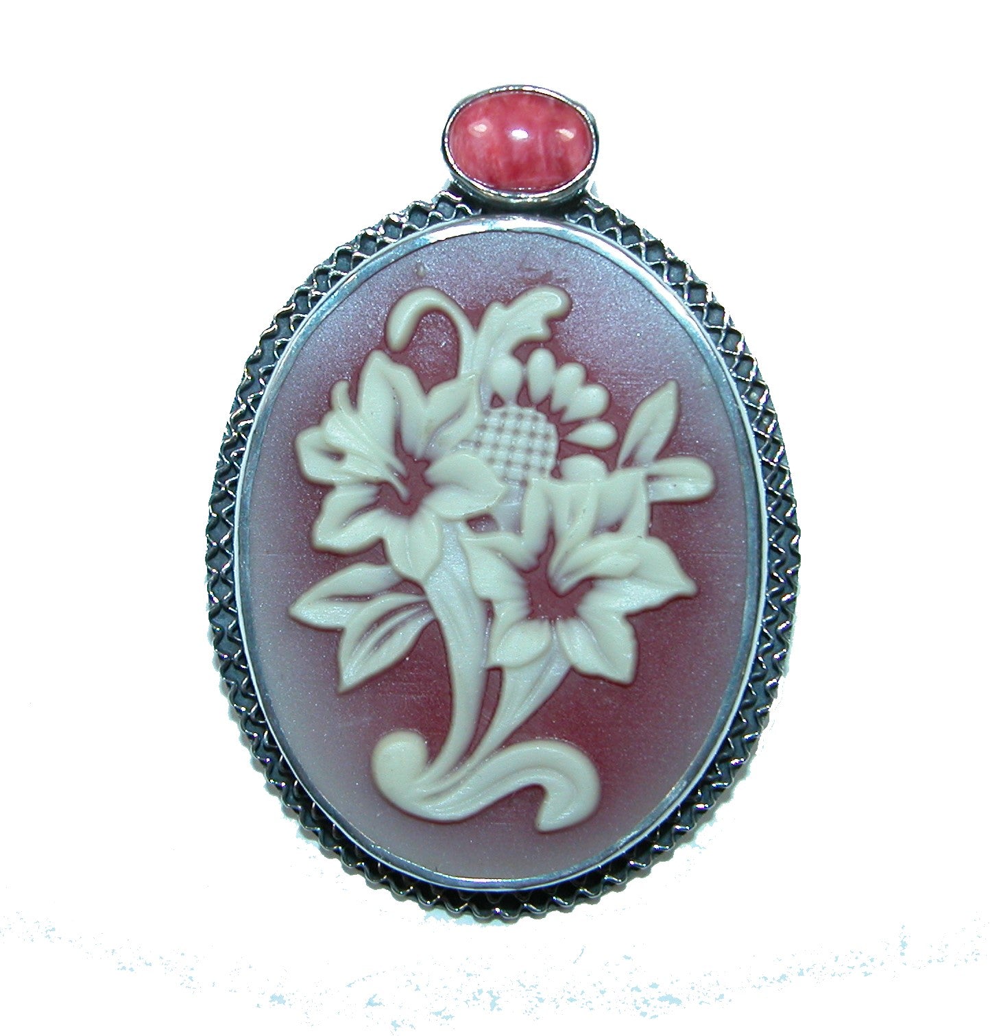 32274 Flower Cameo, Spiny Oyster, Sterling Silver Pin and Pendant