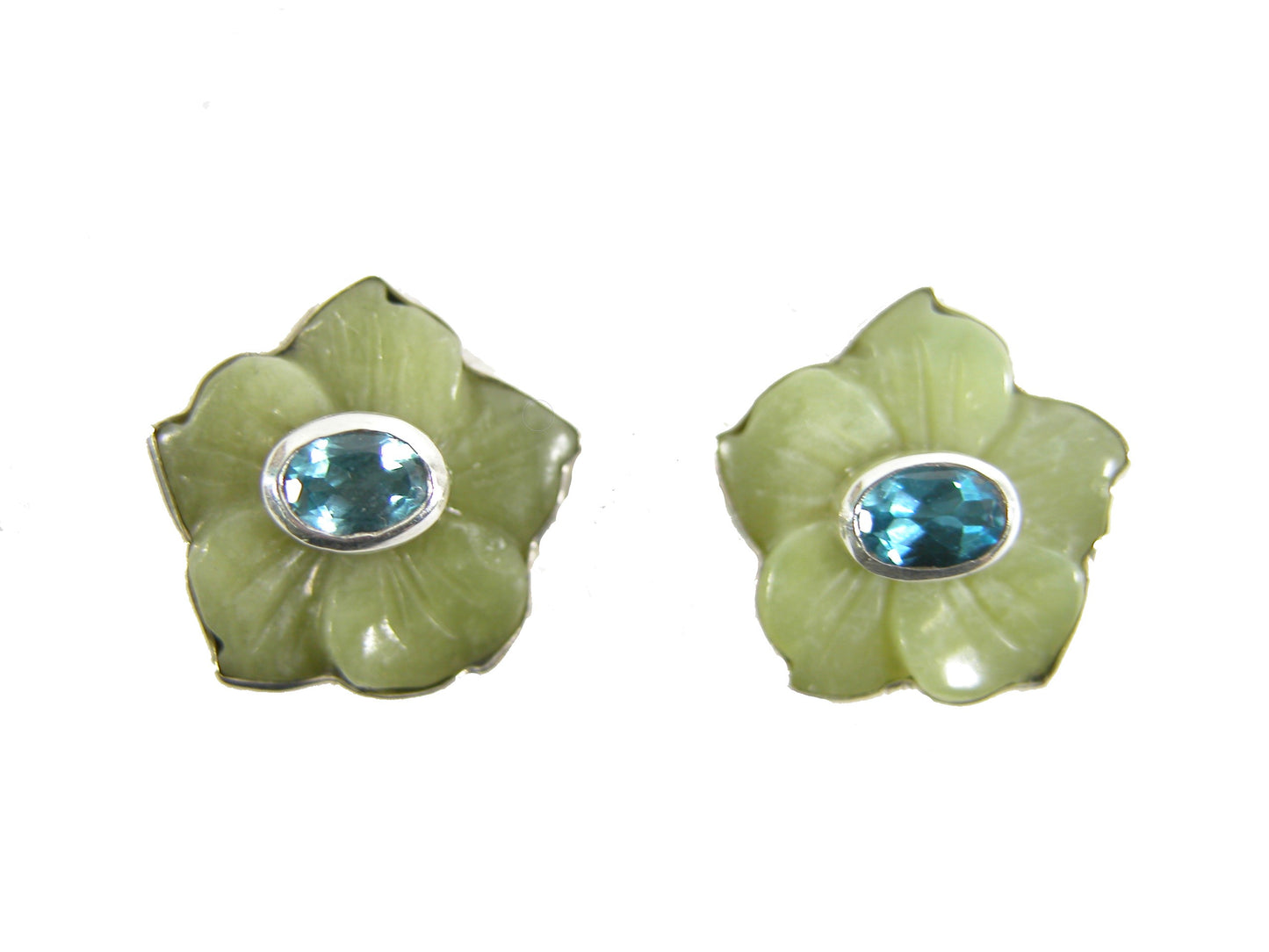 30112 Serpentine Jade, Blue Topaz, Sterling Silver Earrings
