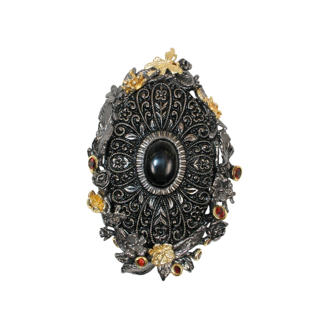3392A Vintage Button, Onyx, Garnet Sterling Silver Pin and Pendant
